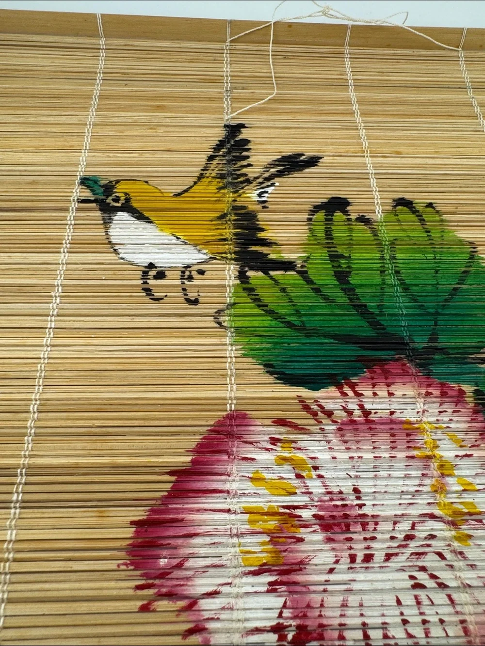 Chinese Hand Painted Reed Wall Hanging | Yellow Bird & Flowers | 18